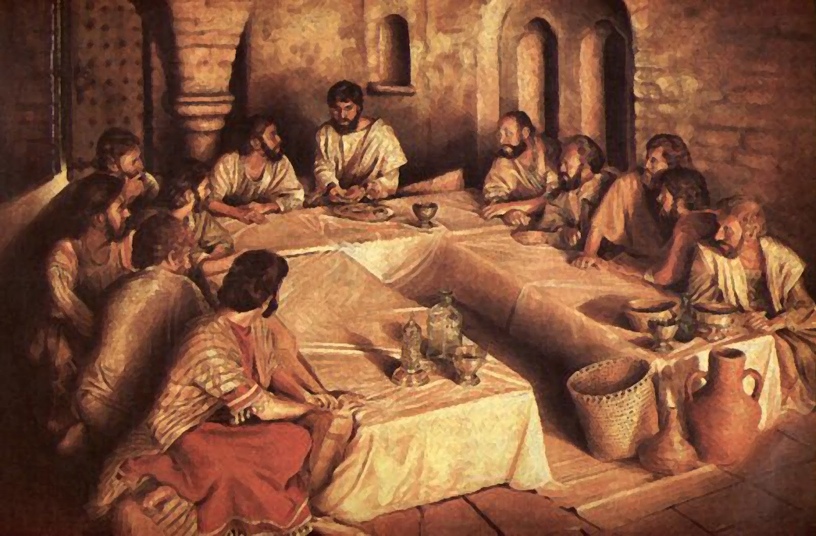 上图:犹太人筵席上使用的三面卧榻(Triclinium)。通常三面卧榻都是用矮桌摆设成U字形。客人靠在他们的左手肘上。最尊贵的位子是在U字体底部卧榻的中间位置。第二与第三位是那些在主客左边(也就是说,躺在他后面的)与右边(也就是说,头部靠在他怀中)的人。然后,似乎是先安排左边的榻(位置的安排跟第一张榻一样),接下来则是第一张榻右边的那一张,依此类推。